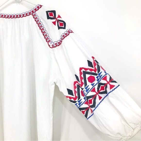 Cato White Cotton Black Red Blue Ethnic Embroidered Button Up Peasant Blouse - Picture 12 of 15